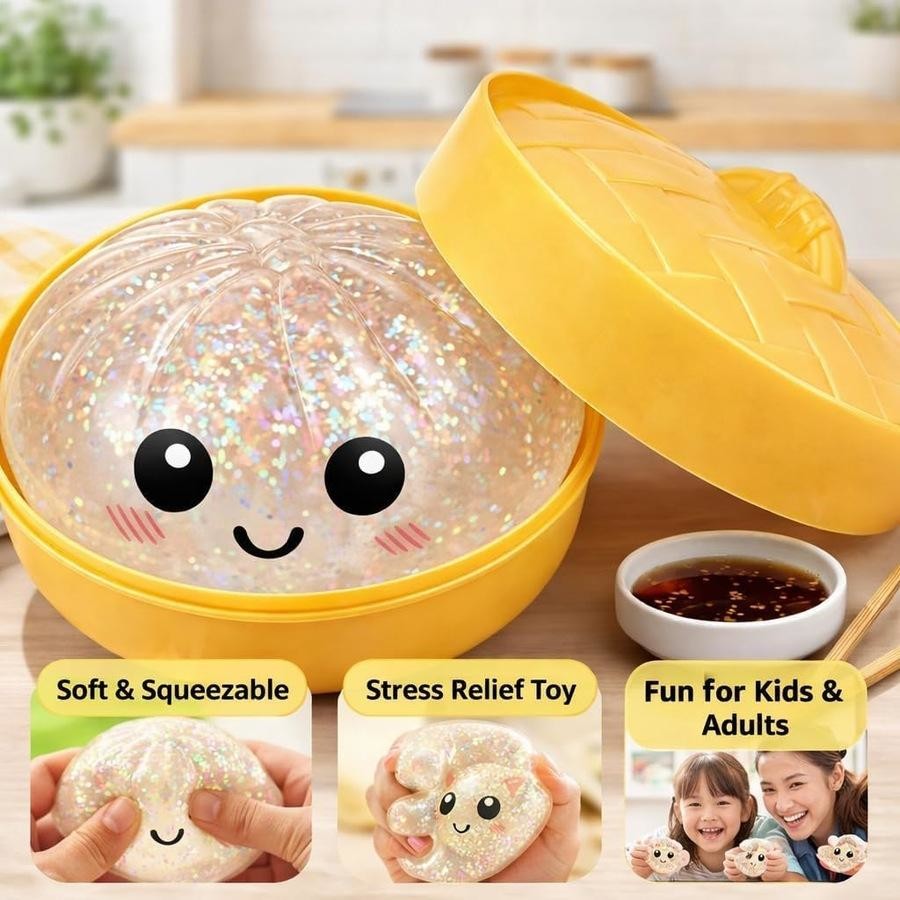 Dumpling Squishy, Glitter Dumpling,Dumplings Style Stress Balls for Adults and Kids, Cute Steamer Basket Design with Squeezable Bun Stress Relief Fidget Toys (Clear Glitter 1 PC)