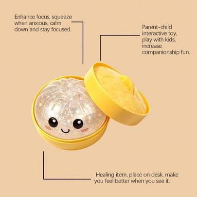 Dumpling Squishy, Glitter Dumpling,Dumplings Style Stress Balls for Adults and Kids, Cute Steamer Basket Design with Squeezable Bun Stress Relief Fidget Toys (Clear Glitter 1 PC)