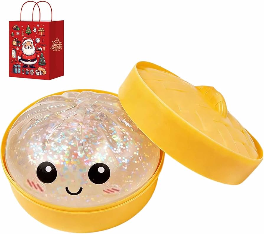 Dumpling Squishy, Glitter Dumpling,Dumplings Style Stress Balls for Adults and Kids, Cute Steamer Basket Design with Squeezable Bun Stress Relief Fidget Toys (Clear Glitter 1 PC)