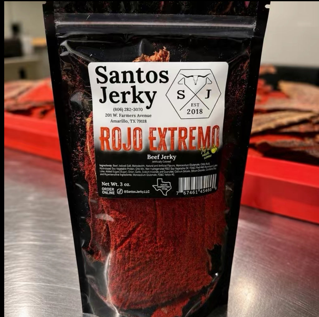 ROJO EXTREMO Spicy Red Jerky - Santos Carne Seca Hot Red Seasoning, Dehydrated Jerky, Dried Meat Snacks, Dry Beef, High Protein 3oz