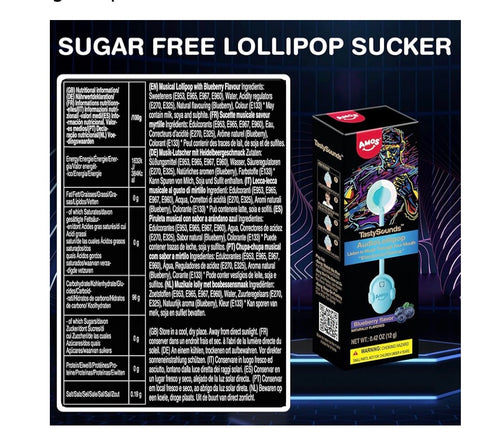 Amos Music Lollipop Candy, Audio Singing Lollipop, Individually Wrapped Natural Blueberry Flavor (1 Pack