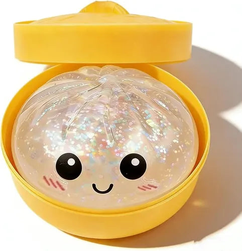 Dumpling Squishy, Glitter Dumpling,Dumplings Style Stress Balls for Adults and Kids, Cute Steamer Basket Design with Squeezable Bun Stress Relief Fidget Toys (Clear Glitter 1 PC)