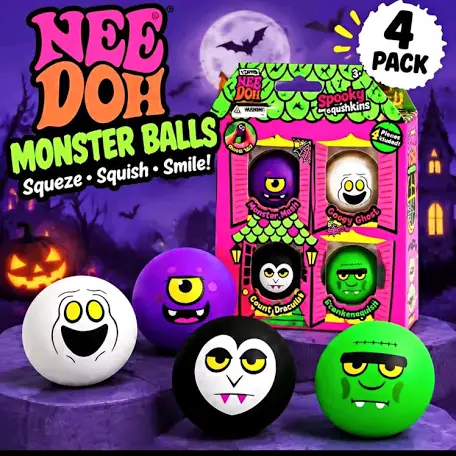 Nee Doh Spooky Squishkins Monster Balls 4 Pack Stress Squeeze Toys Multicolor